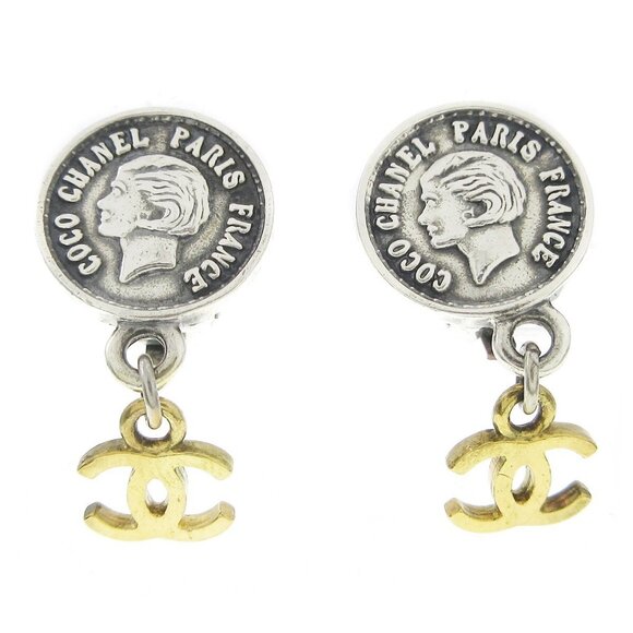 Chanel Medallion Dangle Earrings Gold Silver Clip-On - Picture 1 of 6
